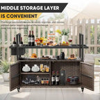 Outdoor Grill Cart Table with Wheels, Wicker Kitchen Island