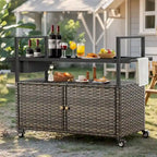 Outdoor Grill Cart Table with Wheels, Wicker Kitchen Island