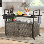 Outdoor Grill Cart Table with Wheels, Wicker Kitchen Island