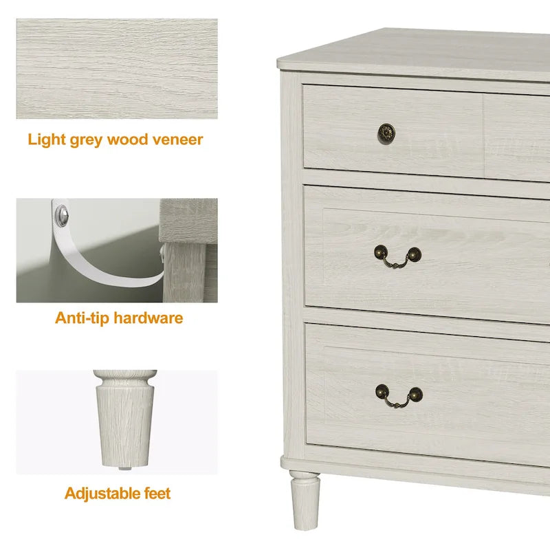 Extra Large 6 Drawer Dresser, Light Grey