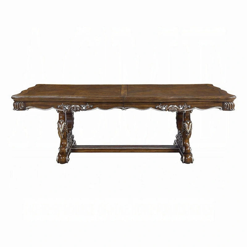 Maver Dining Table, Carved Silver Trim 90-114 Inch Classic Antique Oak