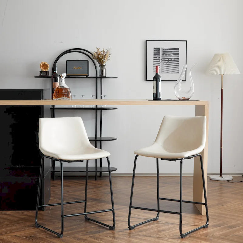 Vintage 24 Set of 2 Bar Stools with Armless Leather Backrest, Metal Legs, Footrest for Kitchen Island Caf Pub Bar Counter