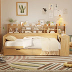 Wooden Twin Size Daybed with Storage Shelves, Two Drawers & Study Desk,Natural