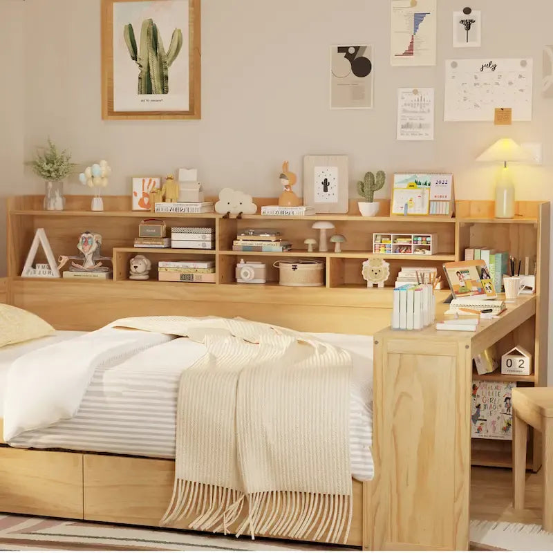 Wooden Twin Size Daybed with Storage Shelves, Two Drawers & Study Desk,Natural
