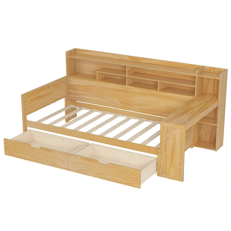 Wooden Twin Size Daybed with Storage Shelves, Two Drawers & Study Desk,Natural