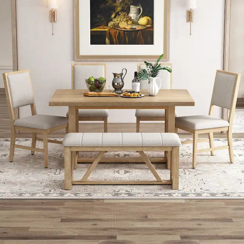 6 Piece Dining Table Chair Set, Wooden Kitchen Furniture Set with Acacia Wood Rectangular Table, 4 Chairs and 1 Bench