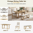 6 Piece Dining Table Chair Set, Wooden Kitchen Furniture Set with Acacia Wood Rectangular Table, 4 Chairs and 1 Bench