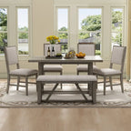 6 Piece Dining Table Chair Set, Wooden Kitchen Furniture Set with Acacia Wood Rectangular Table, 4 Chairs and 1 Bench