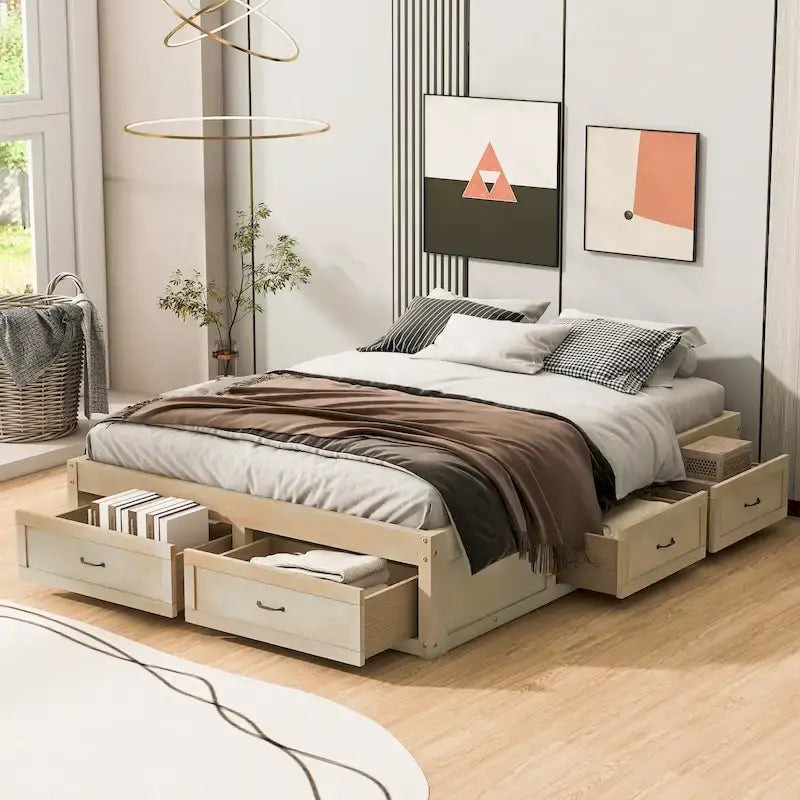 Queen Size Platform Bed with 6 Storage Drawers, Antique White
