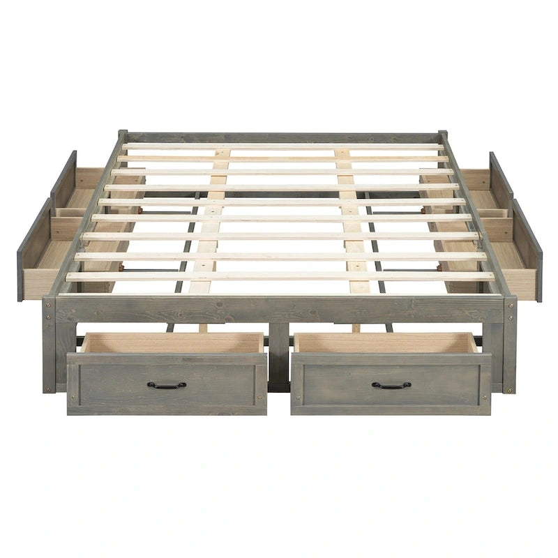 Queen Size Platform Bed with 6 Storage Drawers, Antique White