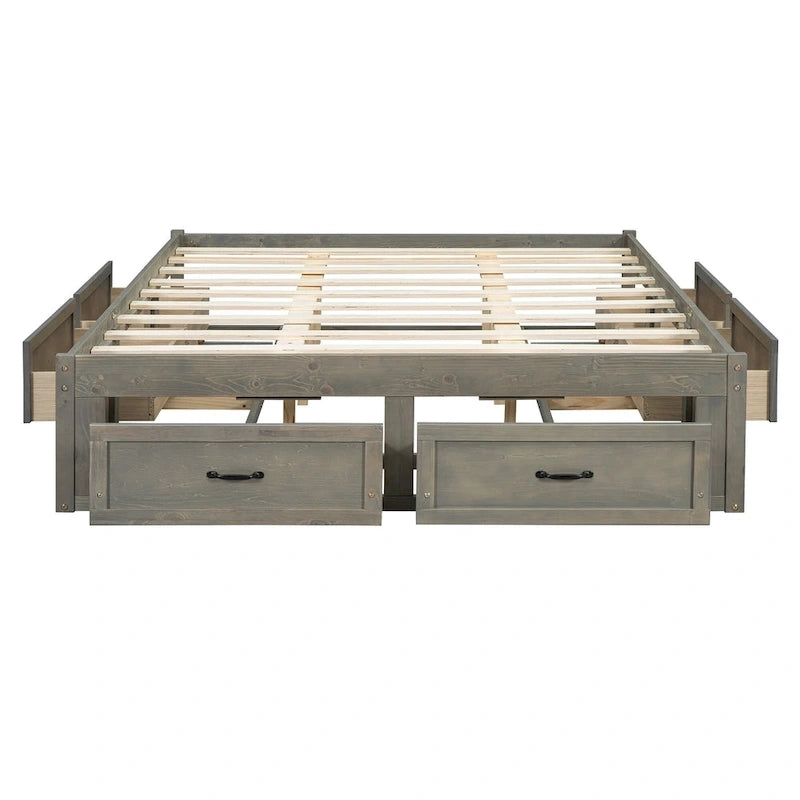 Queen Size Platform Bed with 6 Storage Drawers, Antique White