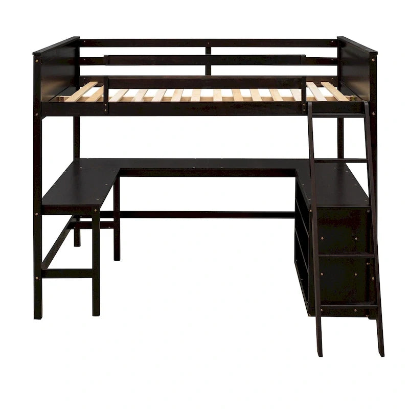 Full size Loft Bed with Shelves and Desk, Wooden Loft Bed with Desk