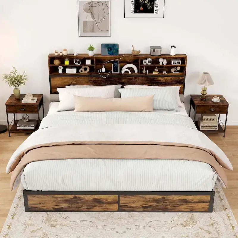 Costway Twin/Full/Queen/King Bed Frame with Charging Station Storage