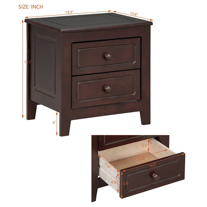 Roomfitters 2-Drawer Nightstand for Bedroom, Mid-Century Retro Bedside Table with Classic Design