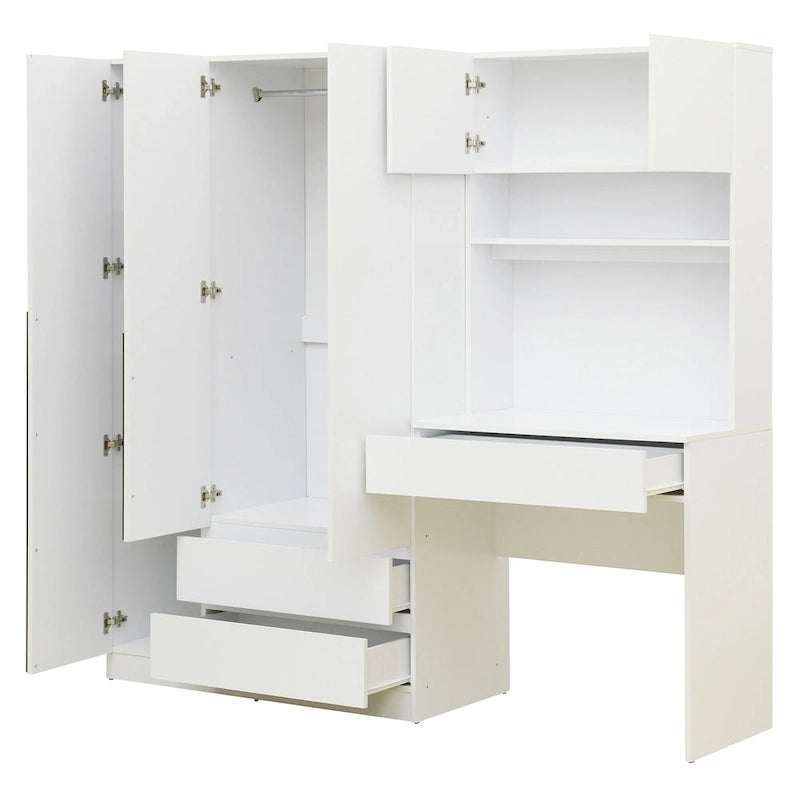 3-in-1 Wardrobe Closet with Vanity Desk, Desk Set, Bedroom Armoire with 2 Drawers 3-Door Storage Desk Wardrobe