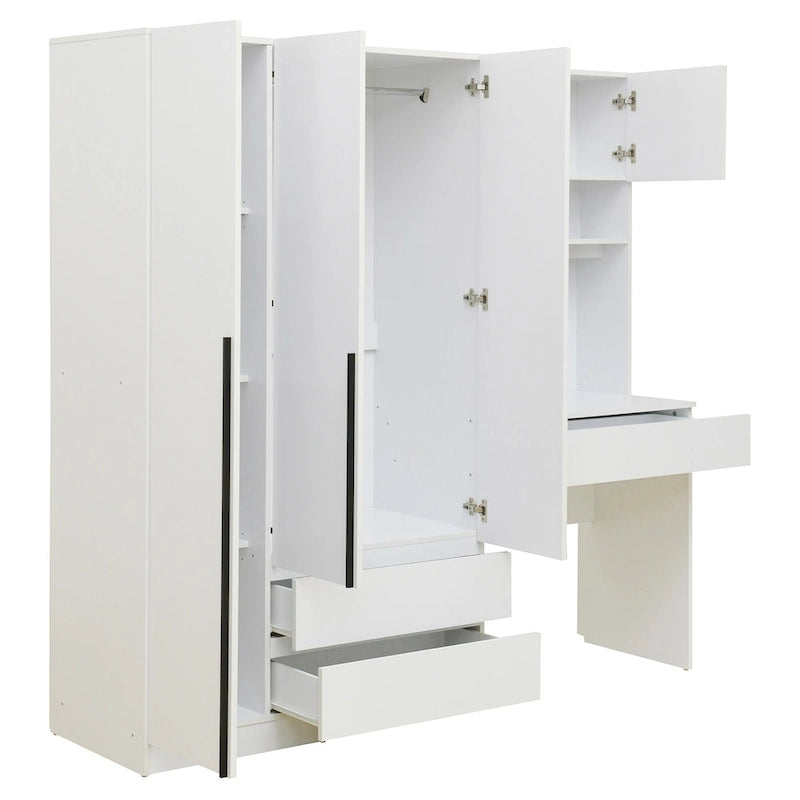 3-in-1 Wardrobe Closet with Vanity Desk, Desk Set, Bedroom Armoire with 2 Drawers 3-Door Storage Desk Wardrobe
