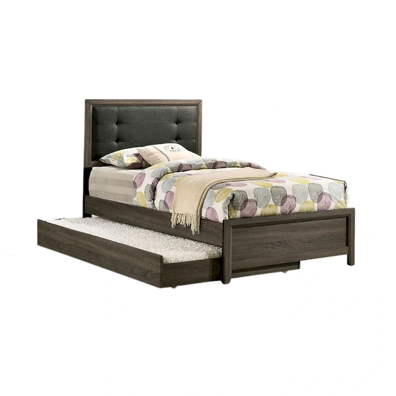 Meli Twin Size Bed, Button Tufted Upholstery, Dark Gray Solid Wood