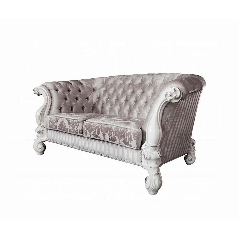 Kai Loveseat, 5 Pillows, Tufted Ivory Fabric, Scrolled, White, 76 Inch