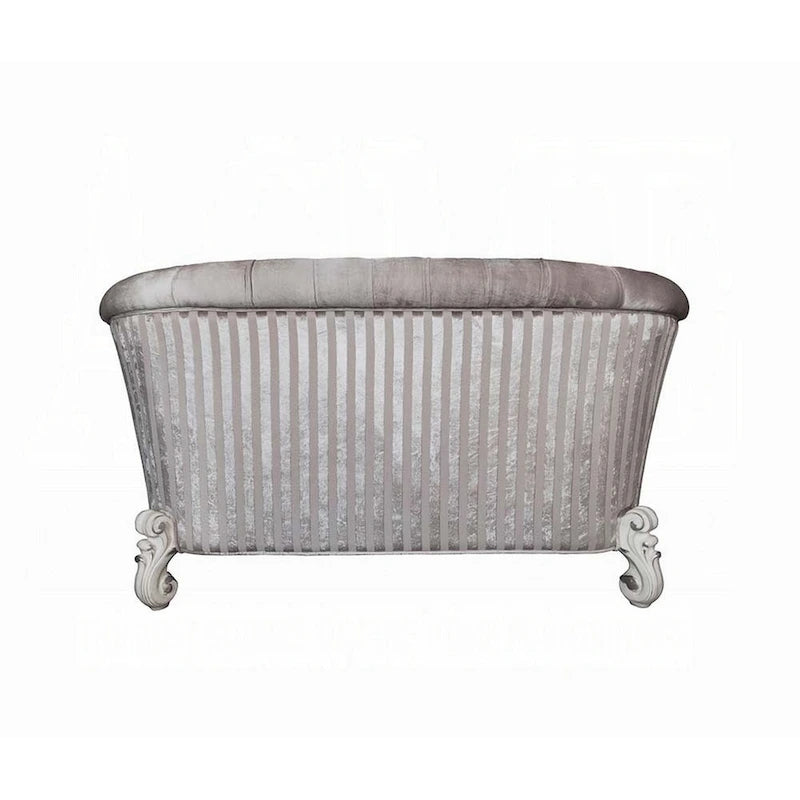 Kai Loveseat, 5 Pillows, Tufted Ivory Fabric, Scrolled, White, 76 Inch