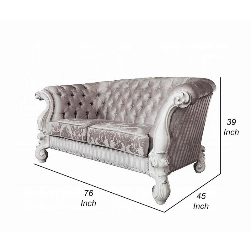 Kai Loveseat, 5 Pillows, Tufted Ivory Fabric, Scrolled, White, 76 Inch