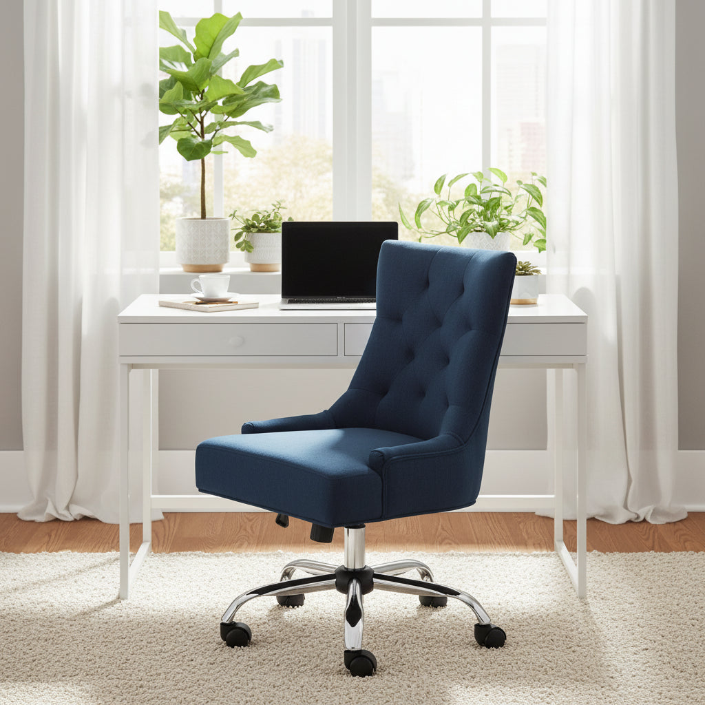 Ovi Swivel Office Chair, Navy Blue Fabric, Tufted Back, Rolling Wheels