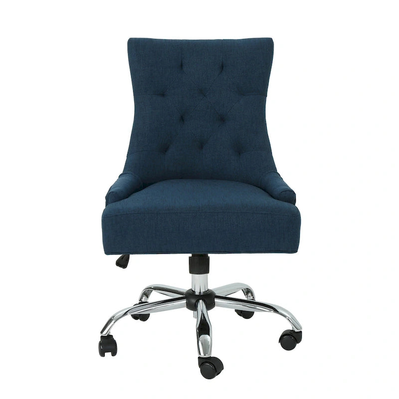 Swivel Office Chair, Navy Blue Fabric, Tufted Back, Rolling Wheels
