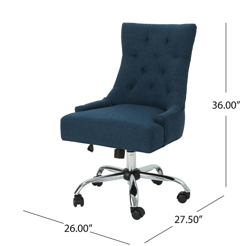 Swivel Office Chair, Navy Blue Fabric, Tufted Back, Rolling Wheels