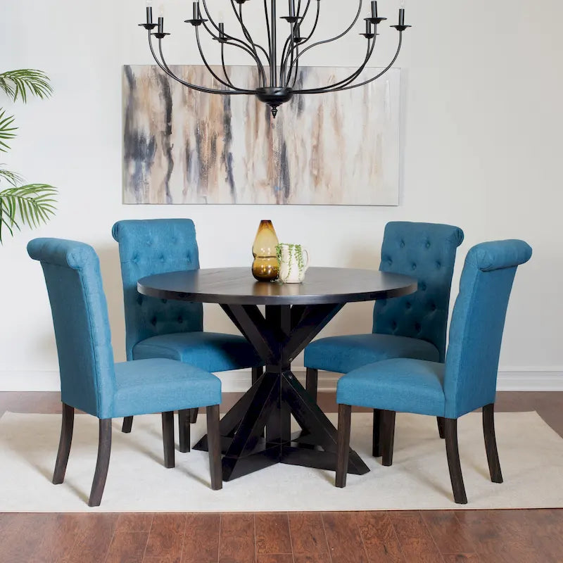 5 Piece Round Dining Table Set, Dining Room Furniture Set with Cross-Buck Dining Table and 4 Upholstered Chairs