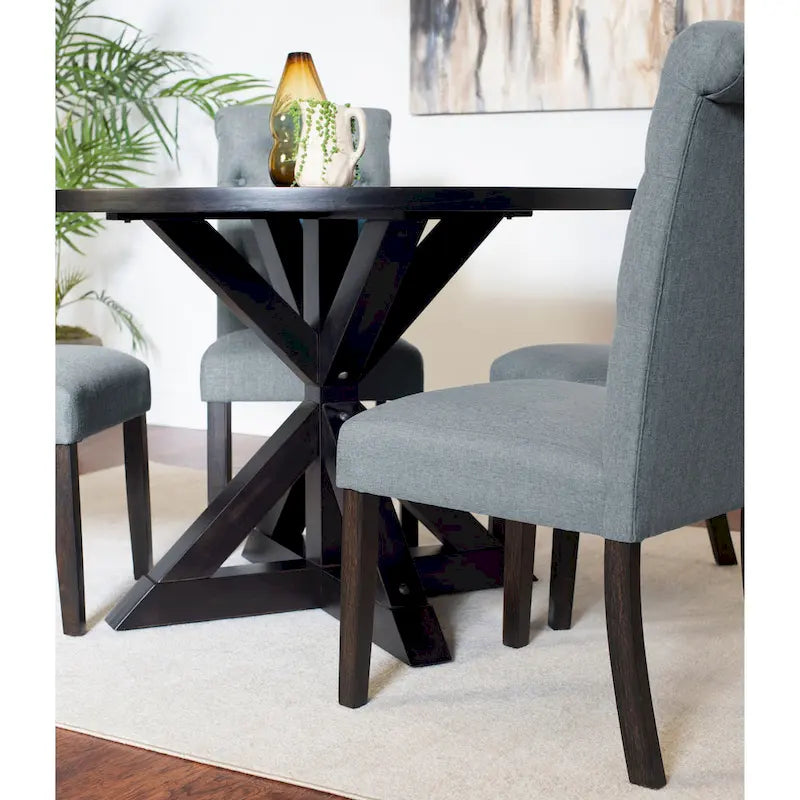 5 Piece Round Dining Table Set, Dining Room Furniture Set with Cross-Buck Dining Table and 4 Upholstered Chairs