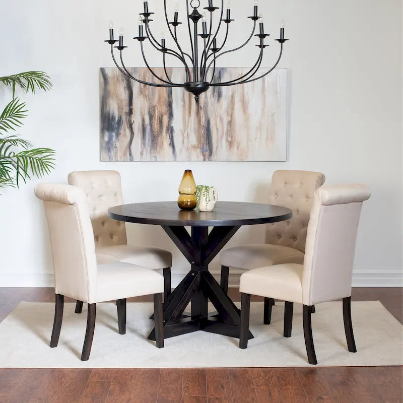 5 Piece Round Dining Table Set, Dining Room Furniture Set with Cross-Buck Dining Table and 4 Upholstered Chairs
