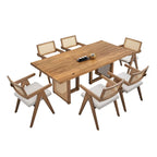 7 Piece Wooden Dining Table and Chairs Set, Rattan Kitchen Table Set with Rectangular Dining Table and 6 Chairs