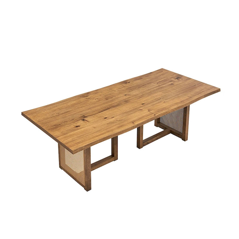 7 Piece Wooden Dining Table and Chairs Set, Rattan Kitchen Table Set with Rectangular Dining Table and 6 Chairs