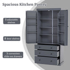 Kitchen Pantry Cabinet with 8 Doors Shelves, Wood Storage Cabinet with 3 Storage Drawers, Cupboard with Adjustable Shelves