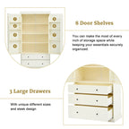 Kitchen Pantry Cabinet with 8 Doors Shelves, Wood Storage Cabinet with 3 Storage Drawers, Cupboard with Adjustable Shelves