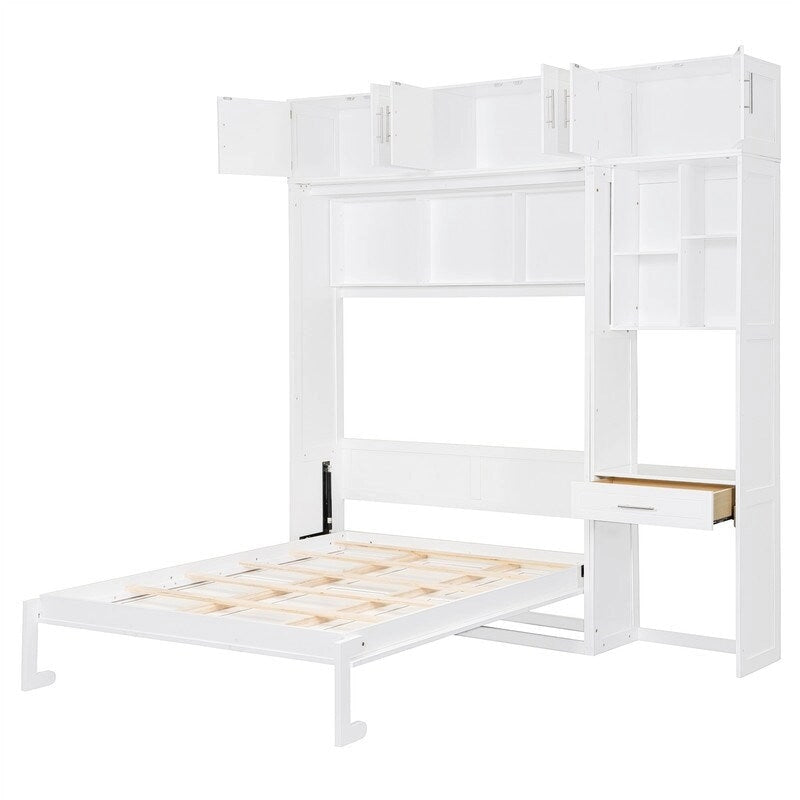 Full/Queen Size Murphy Bed Wall Bed with Desk & Top Cabinet, Folding Murphy Cabinet Bed w/ Storage Shelves, Space Saving Design