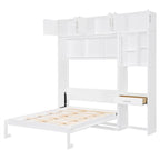 Full/Queen Size Murphy Bed Wall Bed with Desk & Top Cabinet, Folding Murphy Cabinet Bed w/ Storage Shelves, Space Saving Design