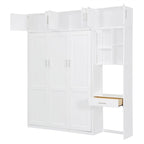 Full/Queen Size Murphy Bed Wall Bed with Desk & Top Cabinet, Folding Murphy Cabinet Bed w/ Storage Shelves, Space Saving Design