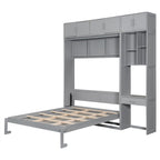 Full/Queen Size Murphy Bed Wall Bed with Desk & Top Cabinet, Folding Murphy Cabinet Bed w/ Storage Shelves, Space Saving Design