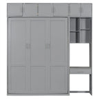 Full/Queen Size Murphy Bed Wall Bed with Desk & Top Cabinet, Folding Murphy Cabinet Bed w/ Storage Shelves, Space Saving Design