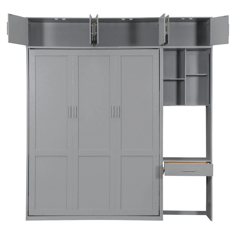 Full/Queen Size Murphy Bed Wall Bed with Desk & Top Cabinet, Folding Murphy Cabinet Bed w/ Storage Shelves, Space Saving Design