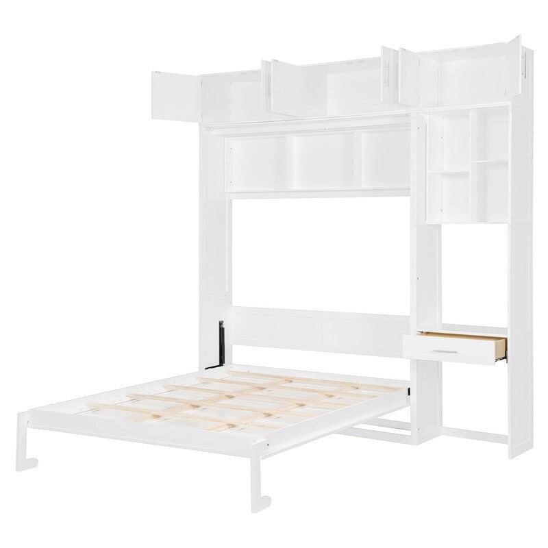 Full/Queen Size Murphy Bed Wall Bed with Desk & Top Cabinet, Folding Murphy Cabinet Bed w/ Storage Shelves, Space Saving Design