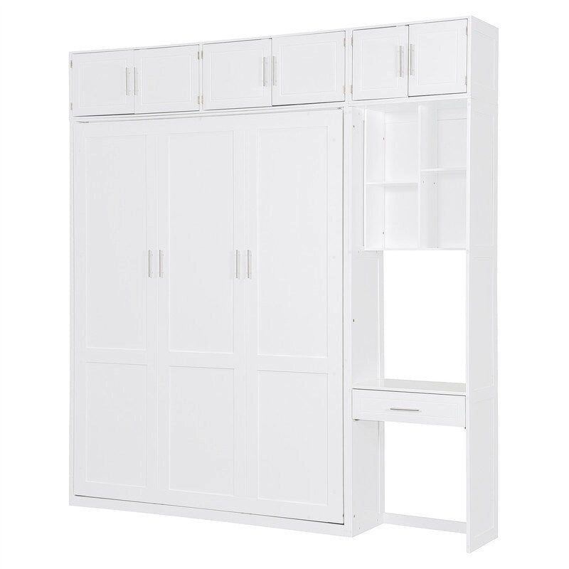 Full/Queen Size Murphy Bed Wall Bed with Desk & Top Cabinet, Folding Murphy Cabinet Bed w/ Storage Shelves, Space Saving Design