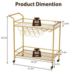 EROMMY Gold Bar Cart with Wheels, Rolling Liquor Cart with Wine Rack and Glass Holder, Modern Bar Trolley for Home Kitchen.