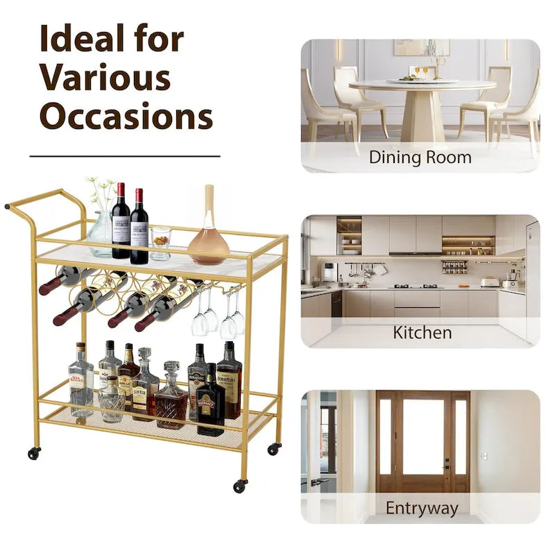 EROMMY Gold Bar Cart with Wheels, Rolling Liquor Cart with Wine Rack and Glass Holder, Modern Bar Trolley for Home Kitchen.