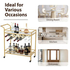 EROMMY Gold Bar Cart with Wheels, Rolling Liquor Cart with Wine Rack and Glass Holder, Modern Bar Trolley for Home Kitchen.