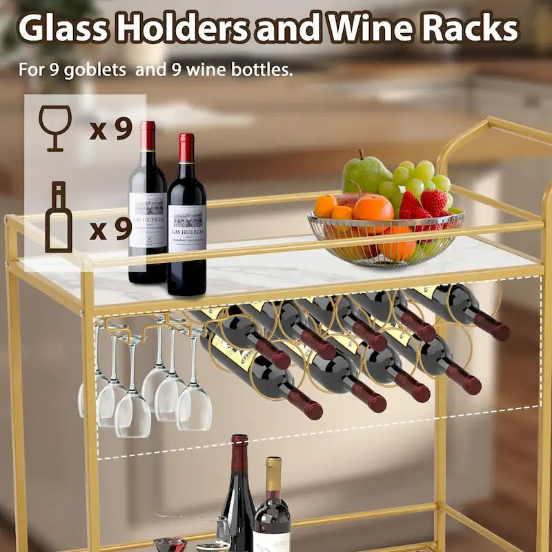 EROMMY Gold Bar Cart with Wheels, Rolling Liquor Cart with Wine Rack and Glass Holder, Modern Bar Trolley for Home Kitchen.