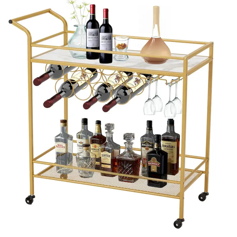 EROMMY Gold Bar Cart with Wheels, Rolling Liquor Cart with Wine Rack and Glass Holder, Modern Bar Trolley for Home Kitchen.