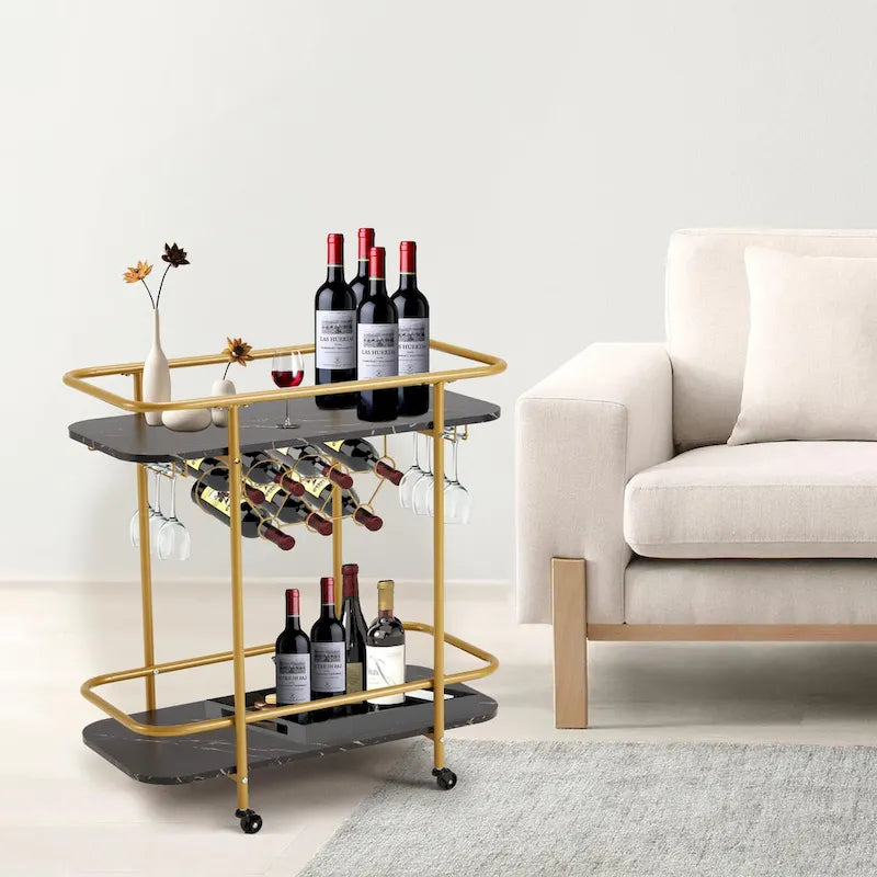 EROMMY Gold Bar Cart with Wheels, Rolling Liquor Cart with Wine Rack and Glass Holder, Modern Bar Trolley for Home Kitchen.