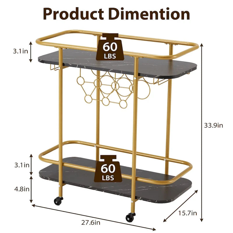 EROMMY Gold Bar Cart with Wheels, Rolling Liquor Cart with Wine Rack and Glass Holder, Modern Bar Trolley for Home Kitchen.