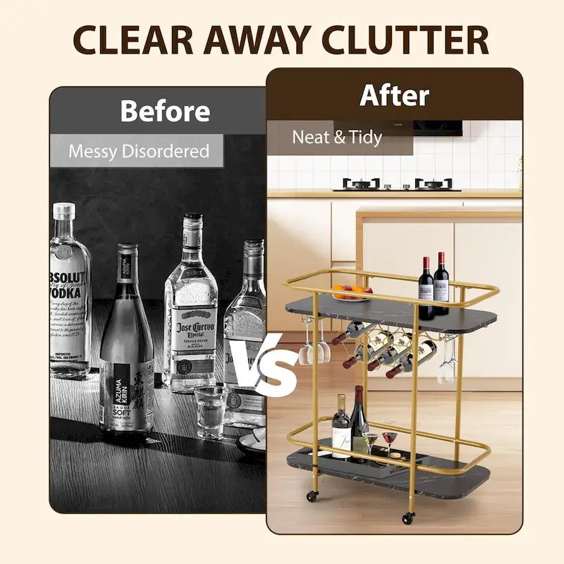 EROMMY Gold Bar Cart with Wheels, Rolling Liquor Cart with Wine Rack and Glass Holder, Modern Bar Trolley for Home Kitchen.